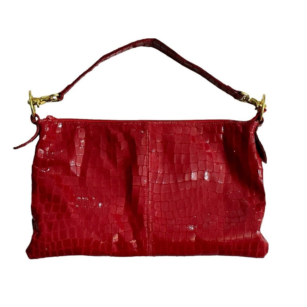Red Handbag Purse Satchel Andre Oliver Faux Croc Embossed East West Gold Zip Clo